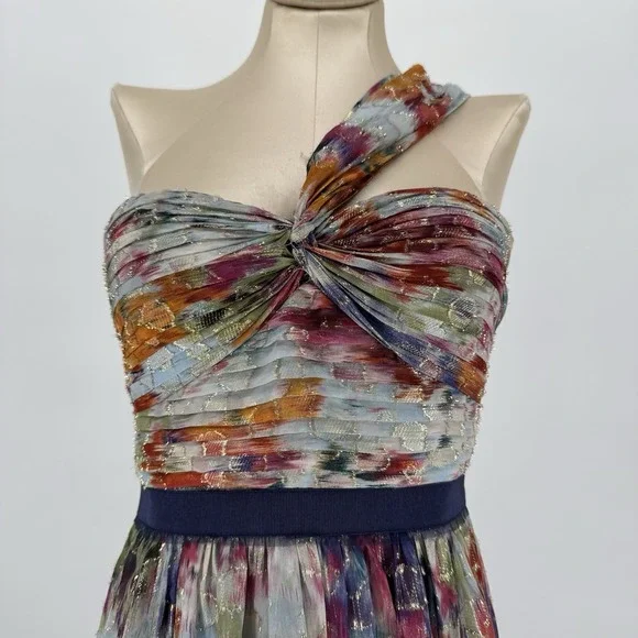 BCBGMAXAZRIA Inga Silk Metallic Dress One Shoulder Watercolor Pleated Size 2 - Picture 2 of 8
